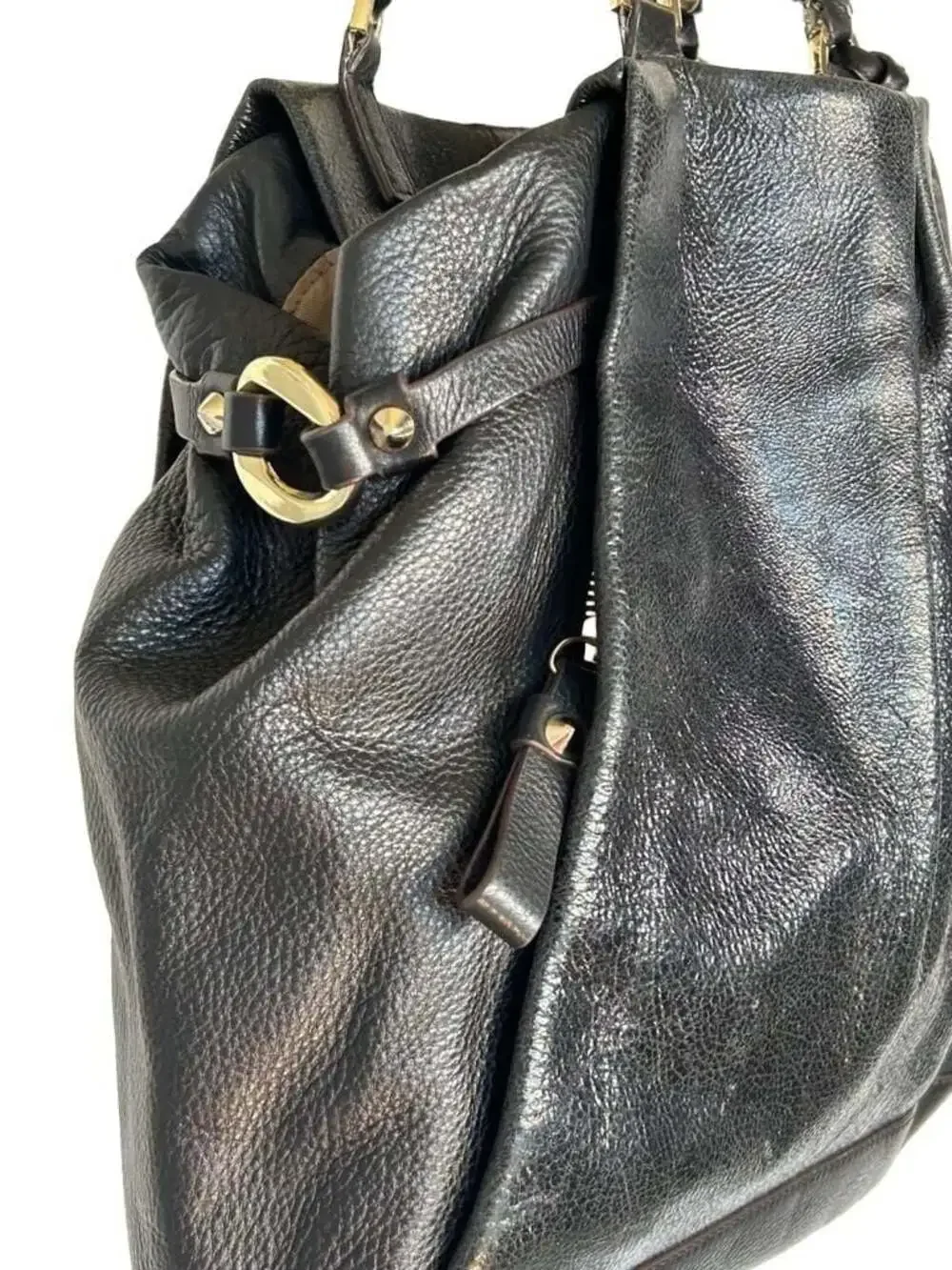 Vince Camuto Black Pebbled Leather Hobo Shoulder Bag with Gold-Tone Chain Link D